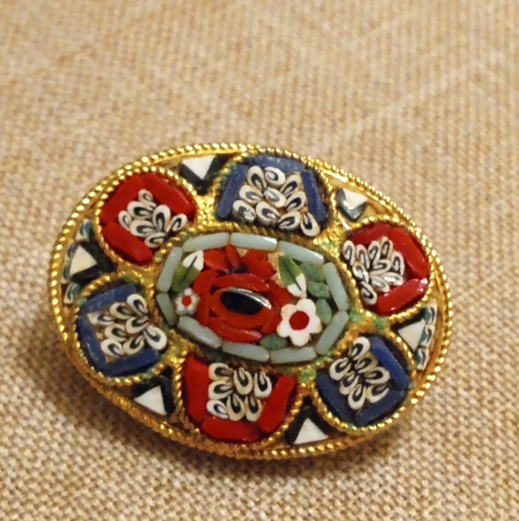 Micro Mosaic Made in Italy Stamped Oval Vintage Handmade Pin/Brooch - Picture 5 of 5
